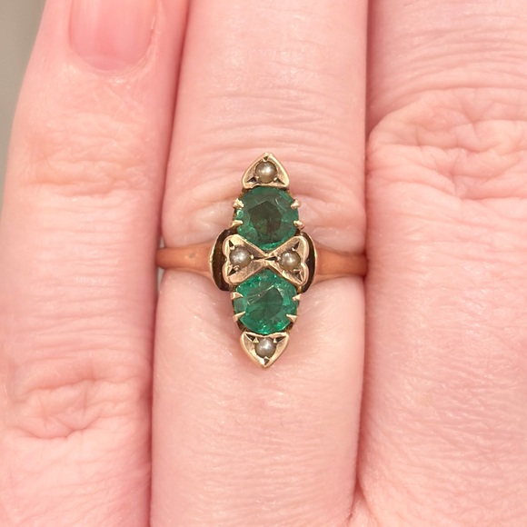 Antique Edwardian 10K Green Ring, Size 5.5, Rose Gold, Navette - Picture 3 of 17